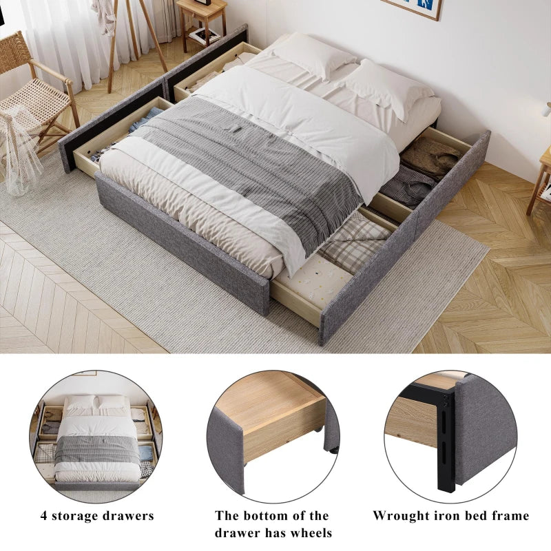 Upholstered Storage Bed with 4 Drawers - Double Bed with Iron Frame & Wooden Slats, Grey, 193.5 x 141 x 30 cm