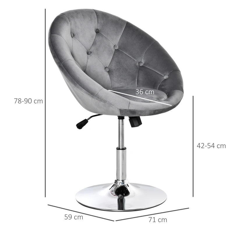 Swivel Velvet Upholstered Dressing Stool - Adjustable Height Makeup Chair with Button Tufting & Thick Padding - Grey