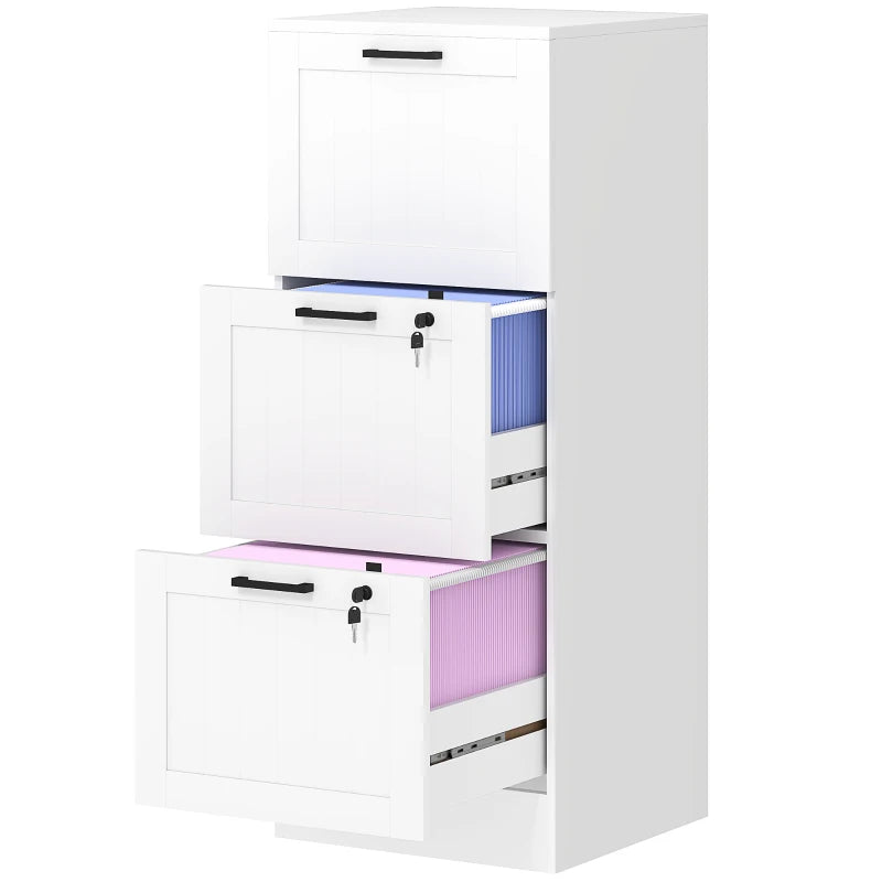 Secure 3 Drawer Filing Cabinet with Lock - Adjustable Hanging Bars for A4 Files - Stylish White Office Storage Solution
