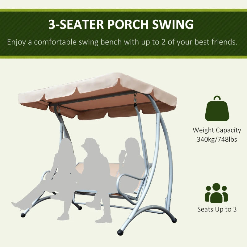 Beige 3 Seater Steel Garden Swing Chair with Adjustable Canopy