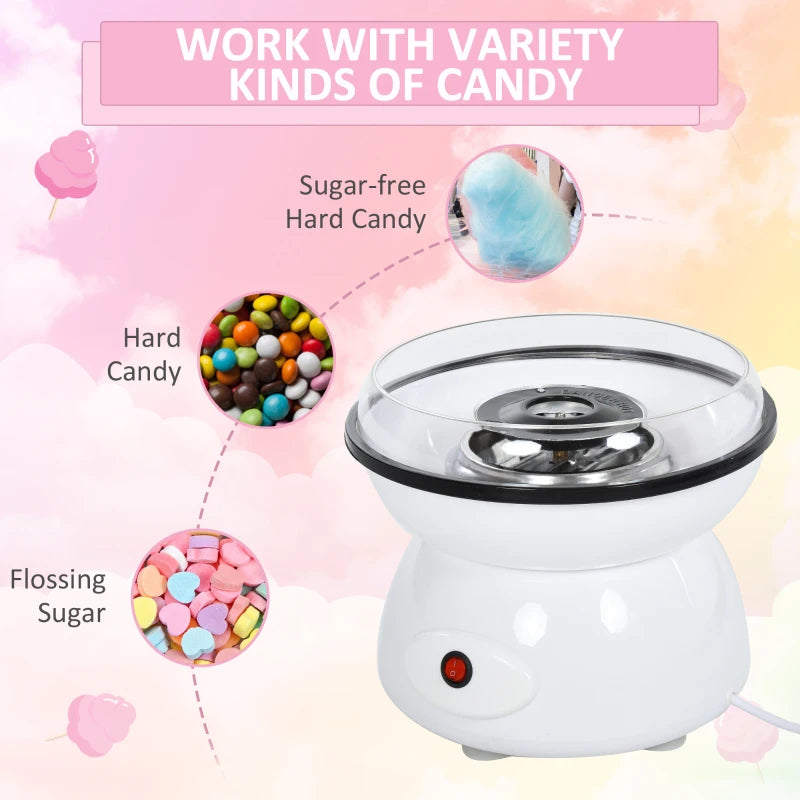 450W Electric Candyfloss Machine Kit - Non-Stick Plates, Fairground Fun for Kids & Adults, Perfect Party Gift, White Metal Body with Accessories