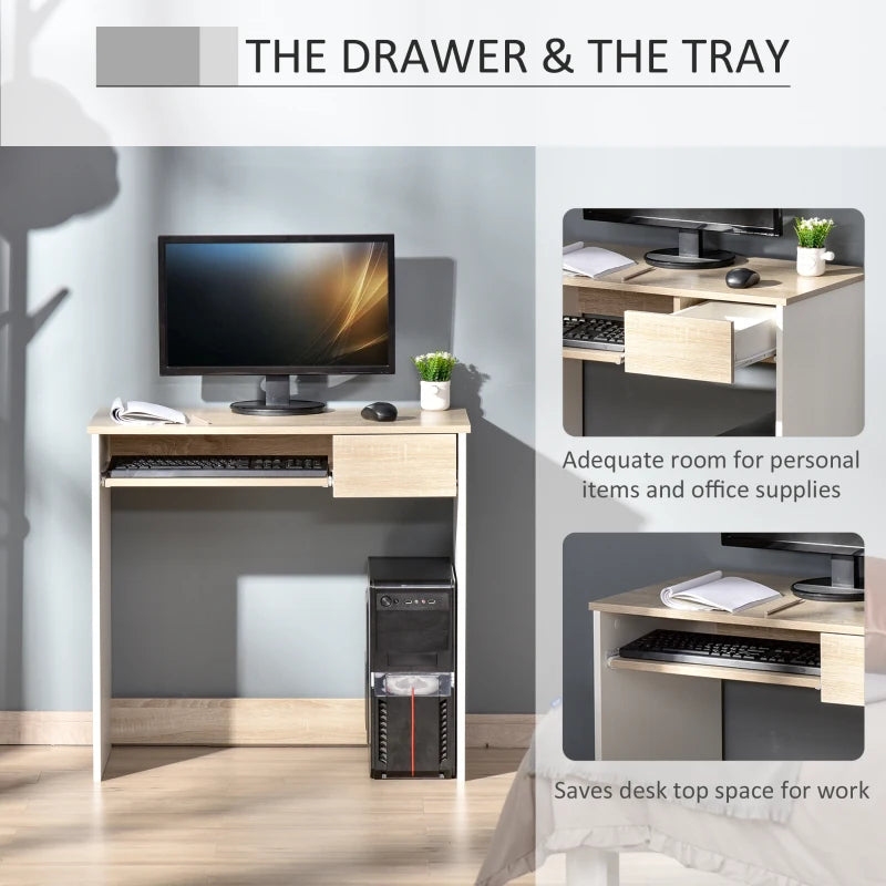 80cm Compact Computer Desk with Keyboard Tray & Drawer - Stylish Oak Home Office Desk for Bedroom Study