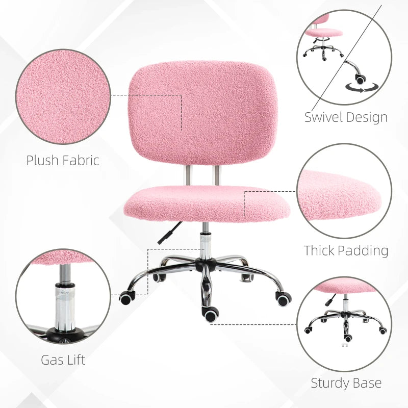 Vinsetto Pink Teddy Fleece Armless Office Chair - Cozy, Stylish, Ergonomic Design for Home & Office Use
