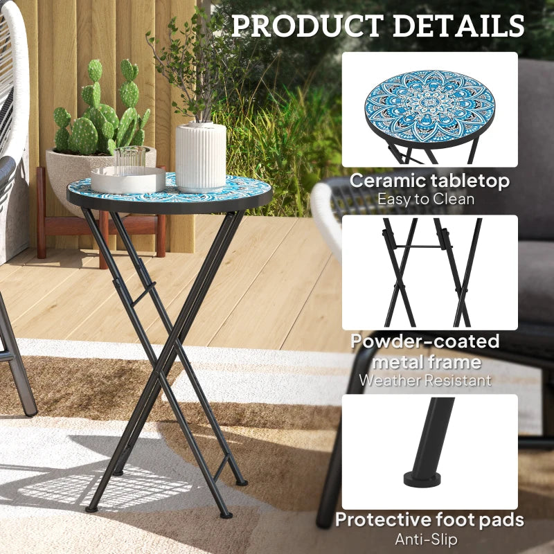 Mosaic Round Folding Garden Table, 35.5cm Blue Coffee Table for Balcony & Terrace