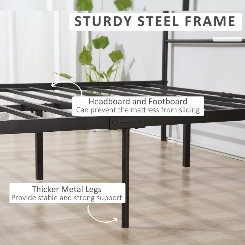 Double Metal Bed Frame with Headboard & Footboard - Solid Slat Support, Underbed Storage, Stylish Black Bedroom Furniture