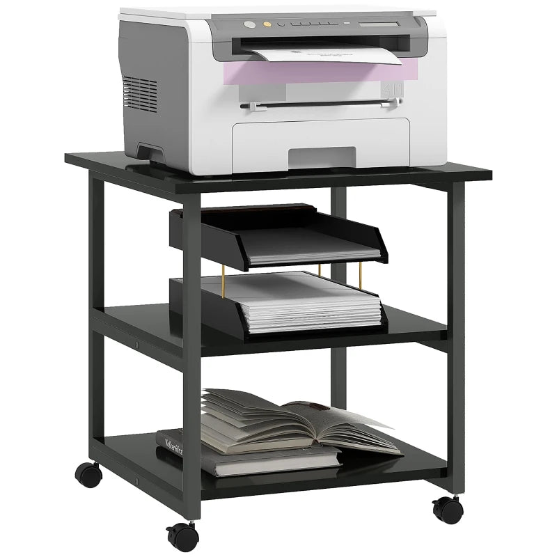 Three-Tier Black Steel Printer Stand on Wheels - Mobile Storage Solution for Home Office & Workspace