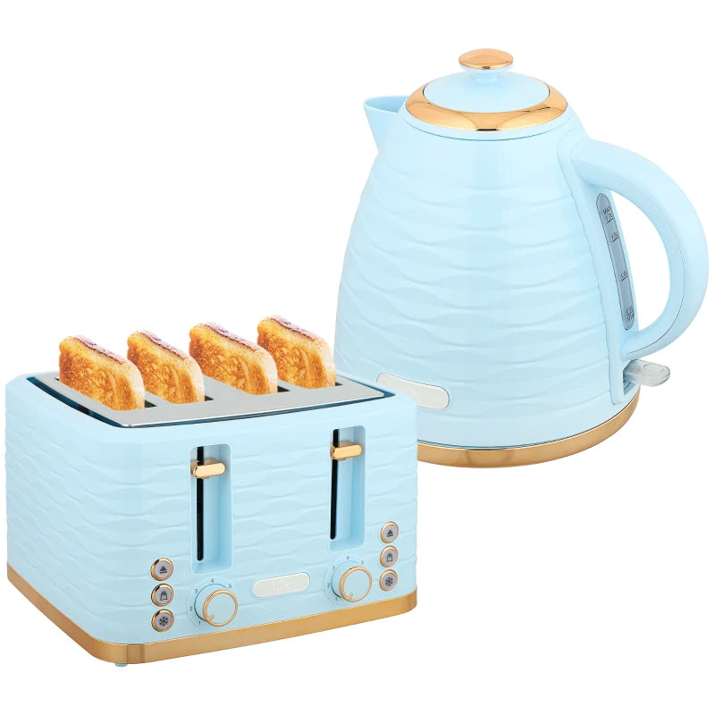 Light Blue 3000W Kettle & 4 Slice Toaster Set - 1.7L Capacity, 7 Browning Controls, Easy Clean Crumb Tray