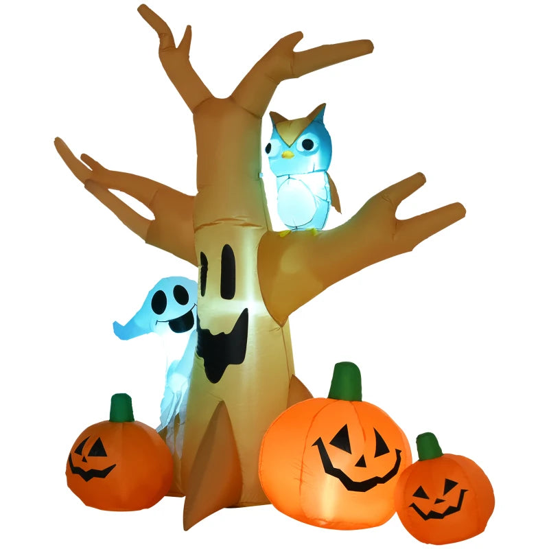 240cm Halloween Inflatable Tree with Ghost, 3 Pumpkins & Owl - Scary LED Holiday Decoration for Indoor & Outdoor