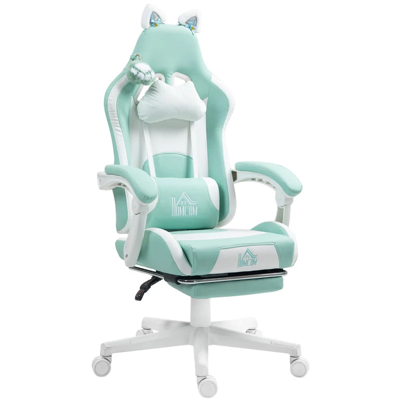 Cat Ear and Paw Reclining Office Chair with Footrest - Cute Light Blue/White Design for Comfort and Style