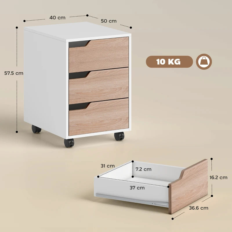 3 Drawer Mobile File Cabinet on Wheels - Vertical Oak Filing Cabinet for Home Office Organization