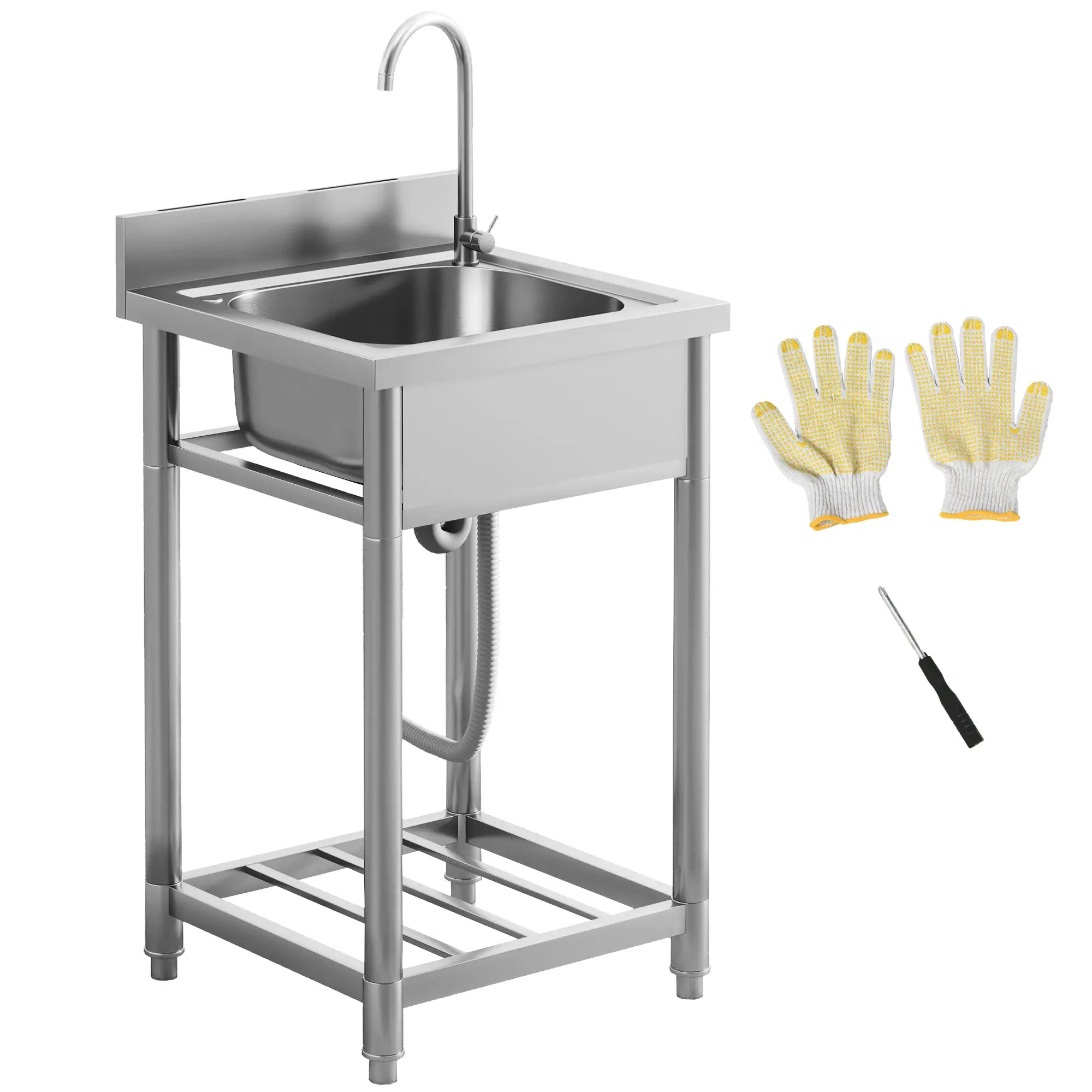 Outdoor Utility Sink - Free Standing Single Bowl Kitchen Sink with Cold and Hot Water Pipe and Storage - for Laundry Garage
