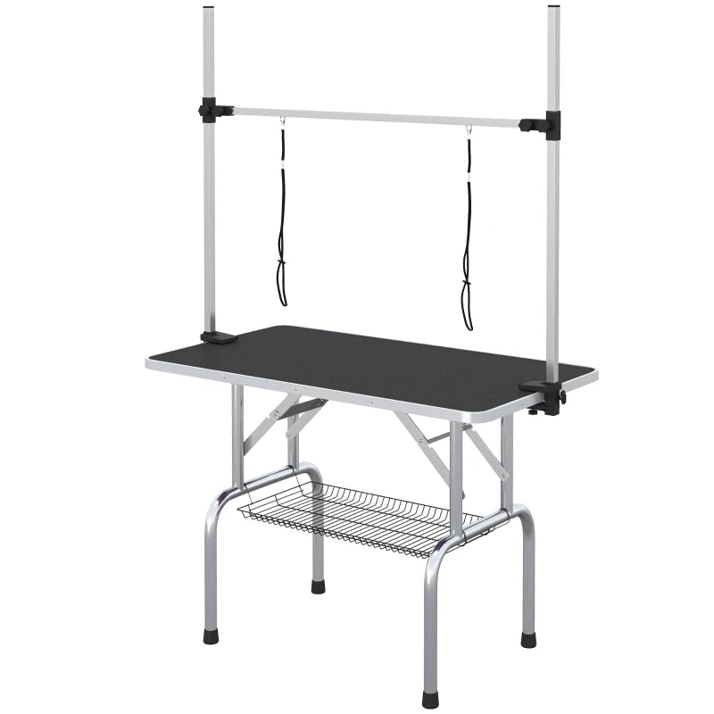 42" Adjustable Dog Grooming Table with Rubber Top, 2 Loops & Storage Basket - Perfect for Cats & Dogs, Black