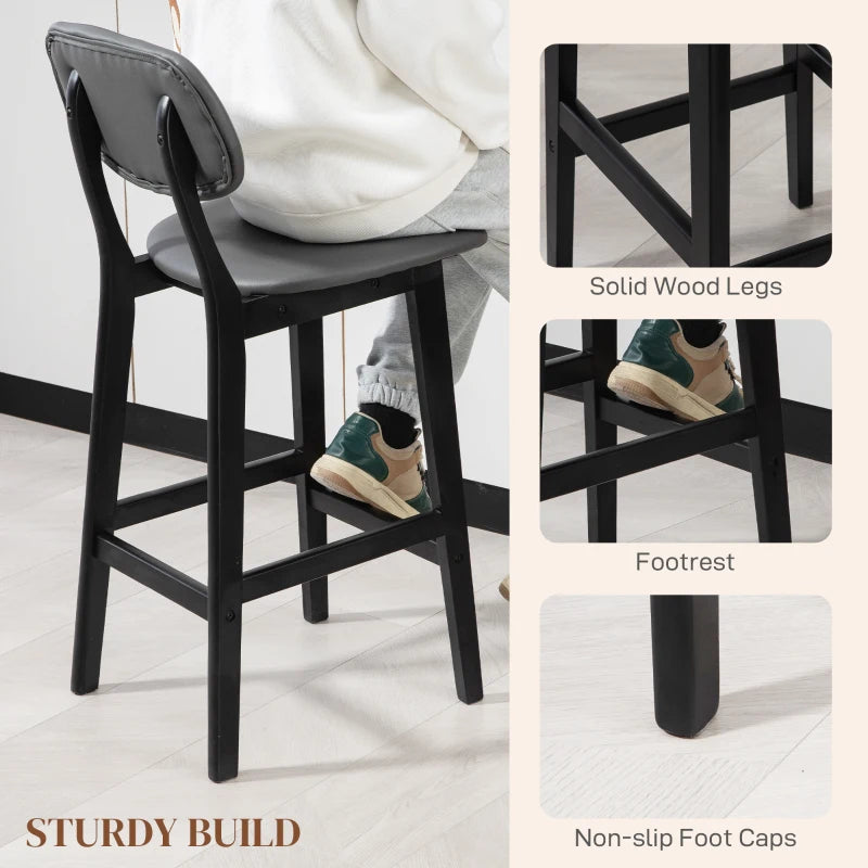Set of 2 Dark Grey Bar Stools - PU Leather Kitchen Chairs with Backs & Footrests, Solid Wood Legs