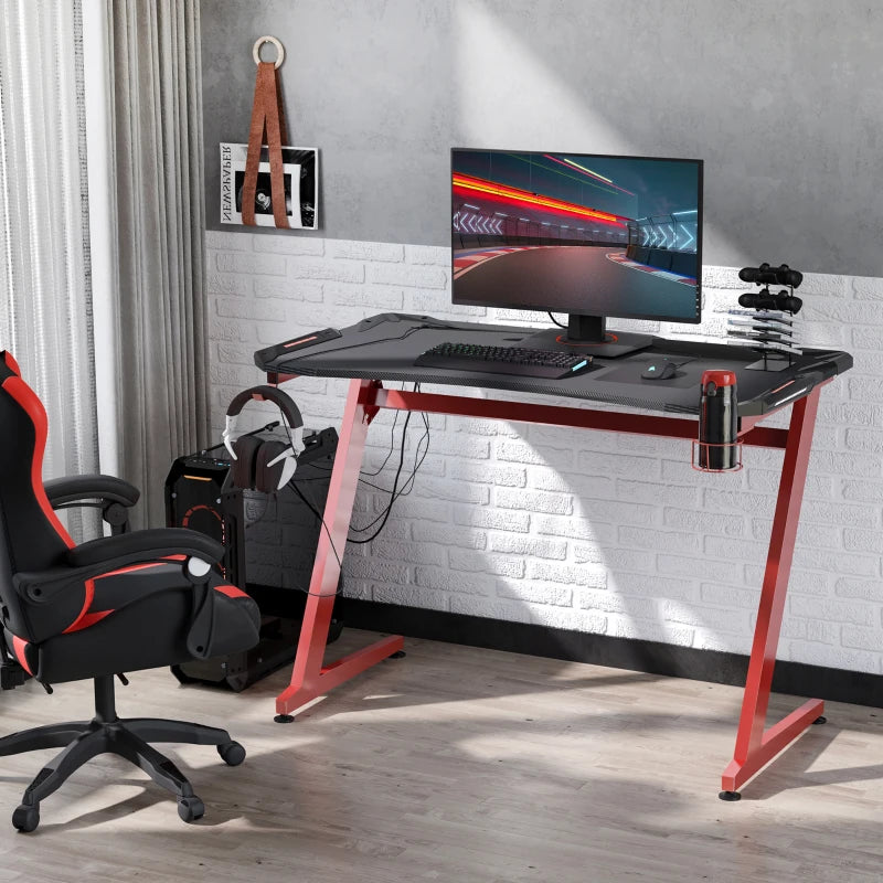 Carbon Fibre Gaming Desk 122x66 cm - Black & Red Gamer Workstation with Headphone Hook, Cup Holder & Gamepad Storage