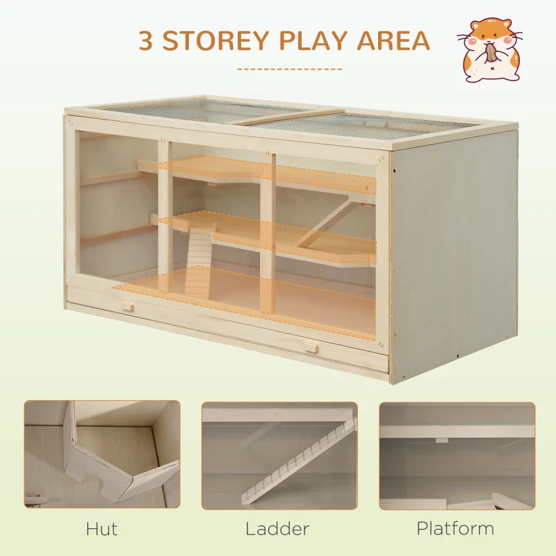 Wooden Hamster Cage for Small Animals with Openable Top and Exercise Play House 115L x 57W x 55Hcm Natural