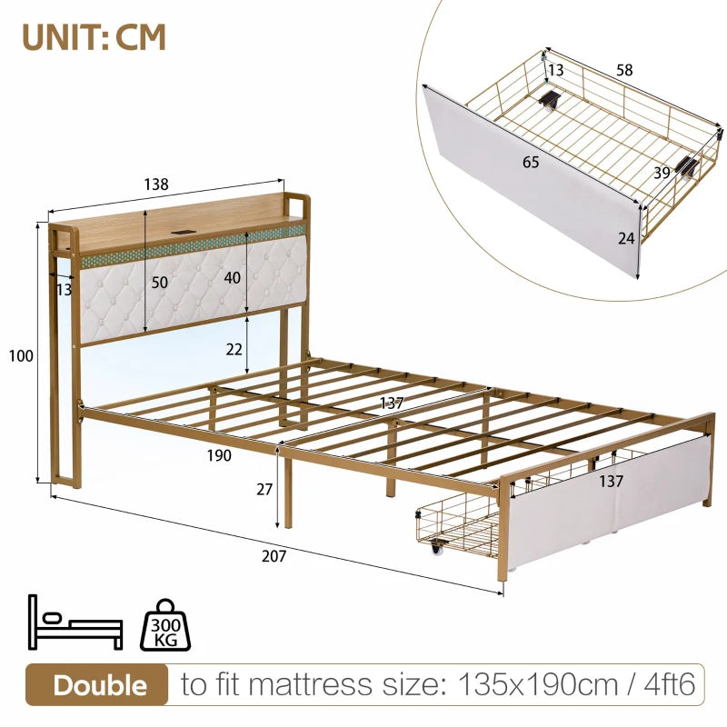 Modern Double Bed Frame with Storage Drawers & RGB LED Headboard - Beige & Chrome, 207L x 138W x 100H cm