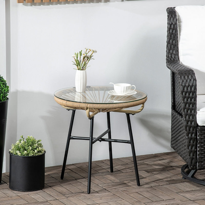 Black Rattan Outdoor Side Table with Glass Top