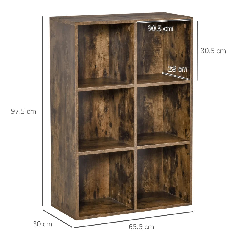 Rustic Brown Six-Cube Bookcase - Stylish Storage Solution for Home & Office, Versatile Wood Effect Design