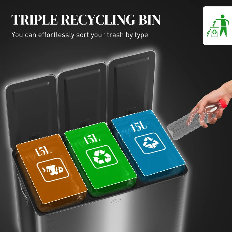 3 x 15L Steel Pedal Bin Set - Triple Kitchen Trash Can with Soft Close Lid, Removable Buckets, Fingerprint-Proof, Black