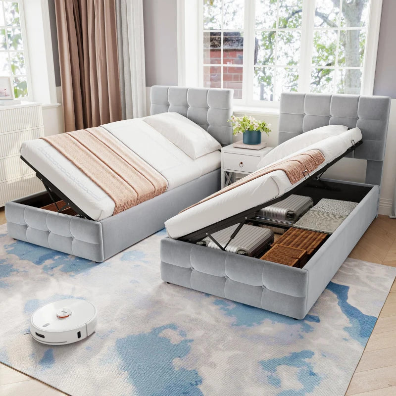 Velvet Upholstered Double Bed with Hydraulic Lift Storage Iron Frame Grey 197x181x105 cm