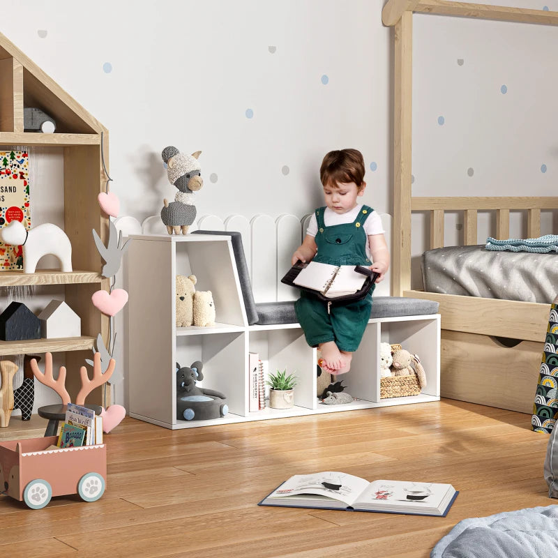 Stylish White Bookcase Storage Shelf with Cushioned Reading Seat - Perfect Bookshelf Cabinet for Study & Living Room