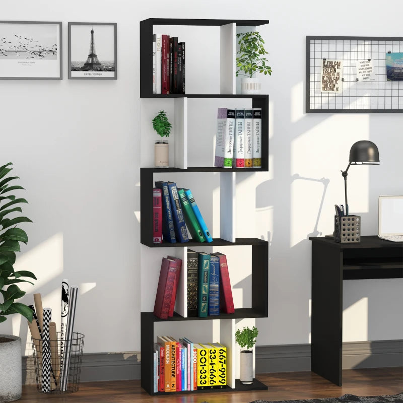 S-Shaped Wooden Bookcase - 5/6 Tier Freestanding Storage Shelf for Home Office - Black & White Decorative Display Rack