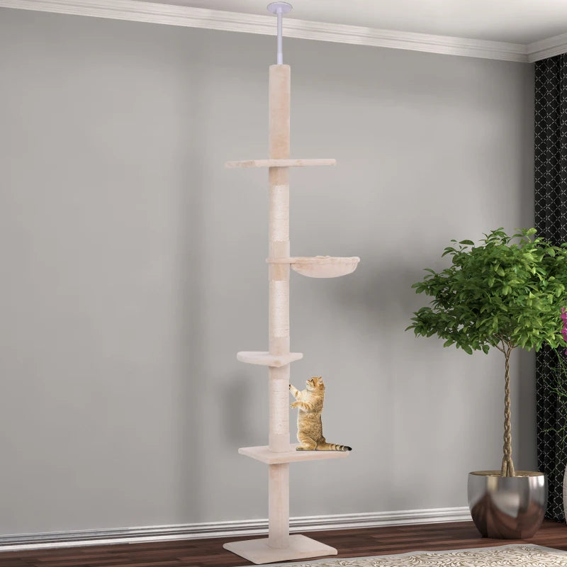 Adjustable 5-Tier Floor to Ceiling Cat Tree 230-260cm - Scratching Post, Hammock & Perches for Indoor Kittens - Beige
