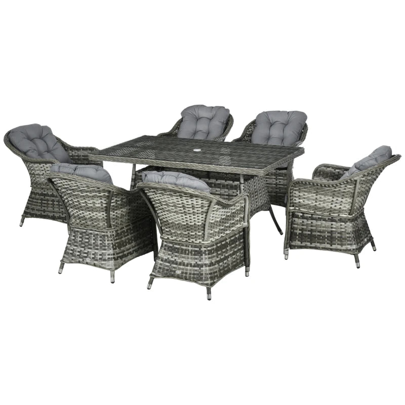 7-Piece Grey Rattan Outdoor Dining Set with Glass Table & Umbrella Hole