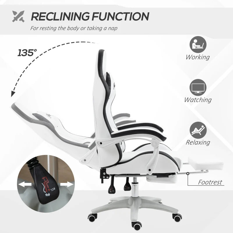 Vinsetto Gaming Chair with Footrest - PU Leather Office Desk Chair, 135° Recline, Lumbar Support, Headrest, White & Black
