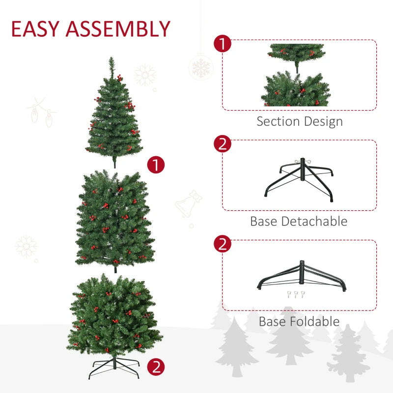 7FT Prelit Artificial Pencil Christmas Tree with Warm White LED Lights & Red Berries - Festive Holiday Home Decoration