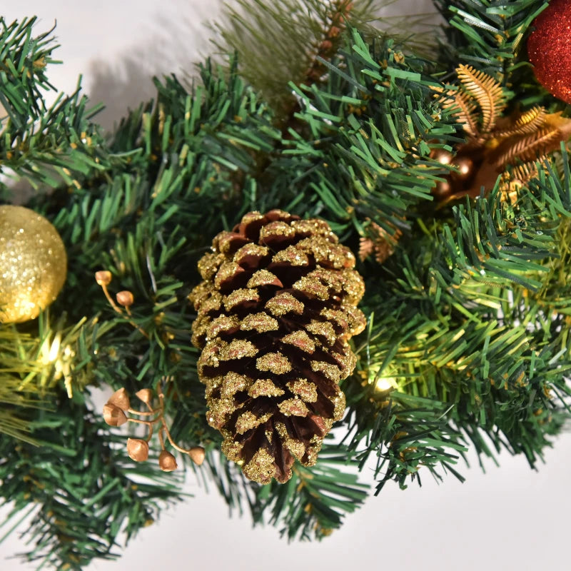 60cm Pre-Lit Artificial Christmas Wreath with Holly, Pine Cones & LED Lights - Glittered Indoor/Outdoor Holiday Decor