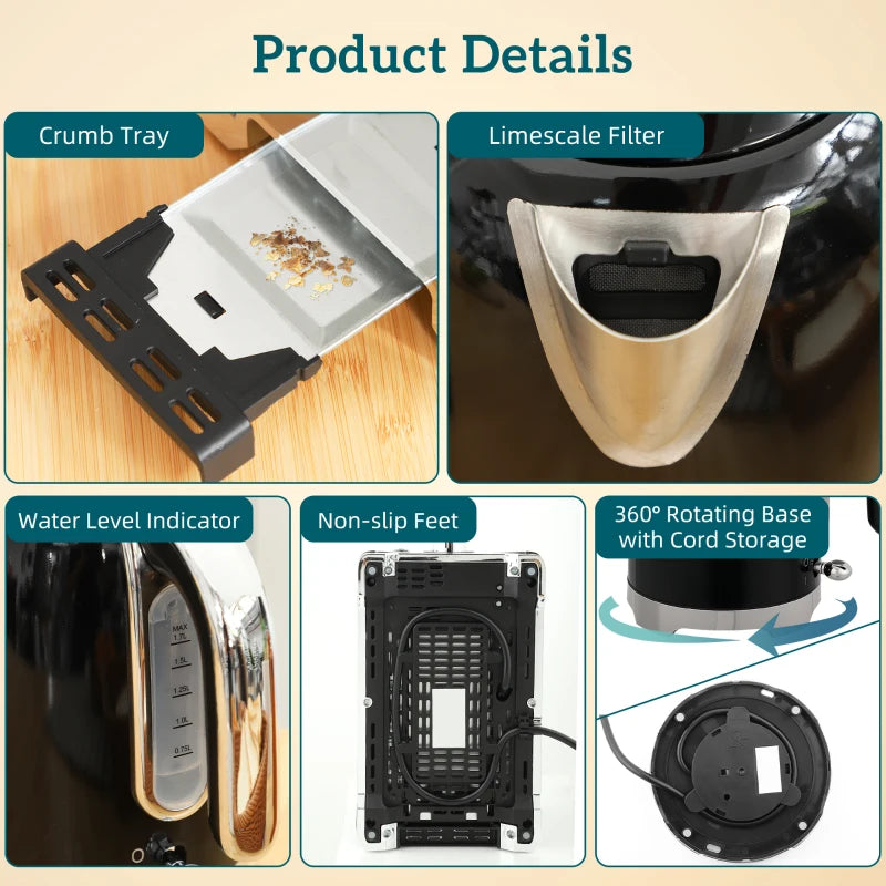 Vintage Black Toaster and Kettle Set - Retro Kitchen Appliances for Stylish Cooking and Brewing