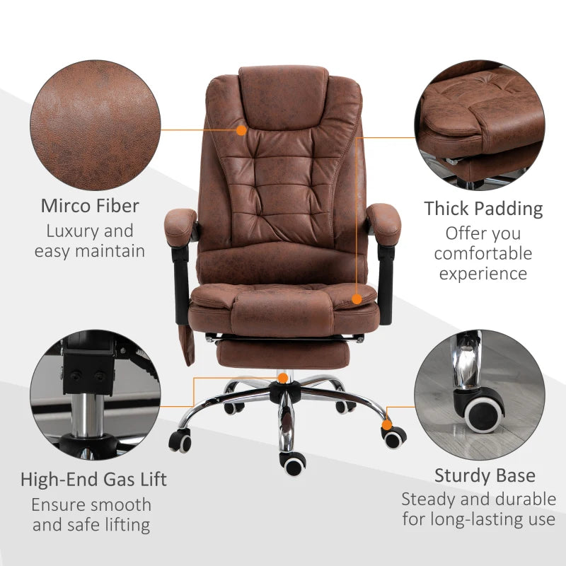 Vinsetto Heated Massage Office Chair - 6 Vibration Points, Ergonomic High Back, Adjustable Recliner with Footrest - Brown