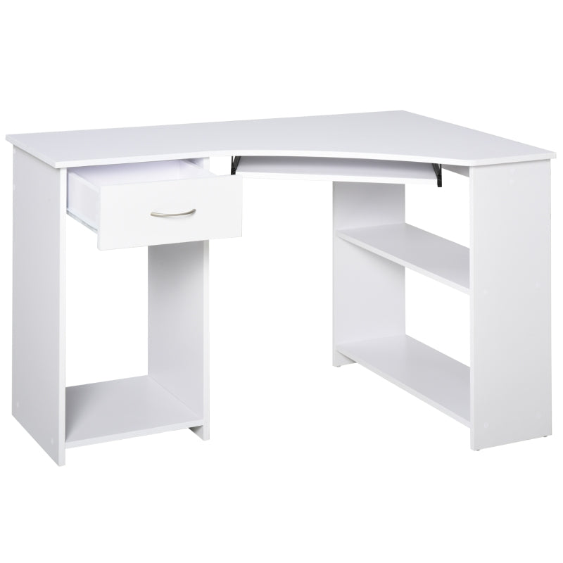L-Shaped Corner Computer Desk with 2 Shelves, Keyboard Tray, Drawer & CPU Stand - White Home Office Furniture