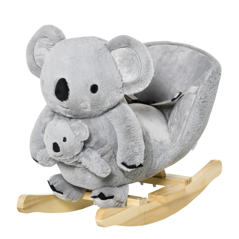 Kids Toddler Plush Rocking Horse Koala Ride-On with Wooden Base & Safety Belt - Soft Doll Toy for 18-36 Months Grey