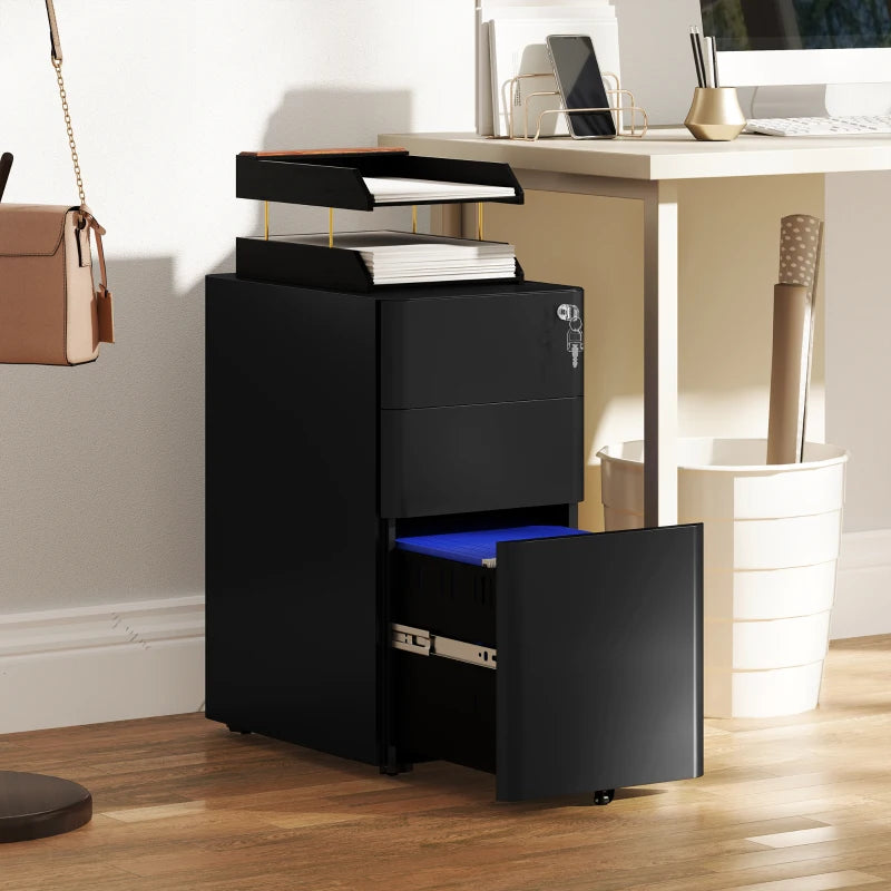 Vinsetto Black 3-Drawer Steel Filing Cabinet with Lock - Secure Storage Solution for Home or Office
