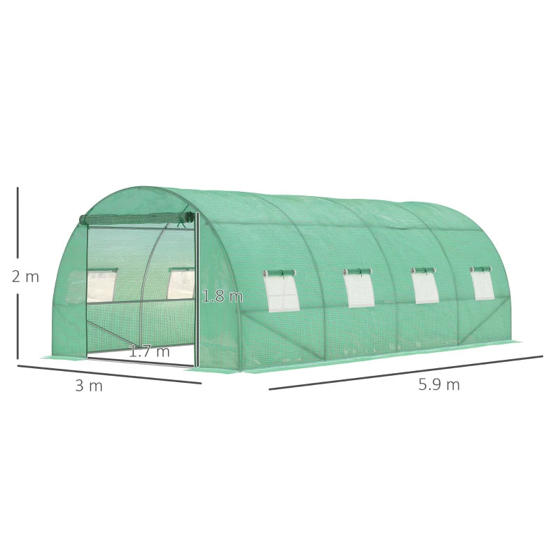 Green Walk-in Garden Tunnel Greenhouse, 6x3M, Roll-Up Door, 8 Windows