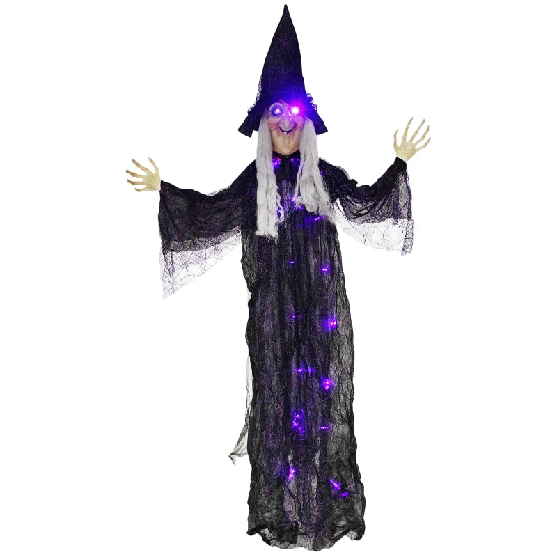 183 cm Life Size Animated Hanging Witch with Glowing LED Eyes - Spooky Halloween Decoration, Battery Operated Indoor Party Prop