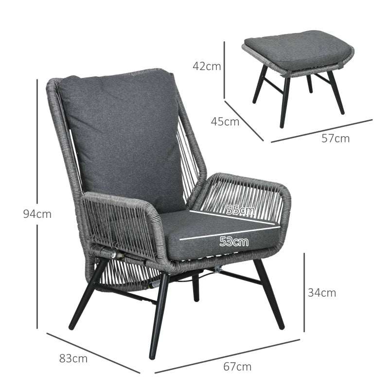 Grey Rattan Armchair and Footstool Set with Cushions