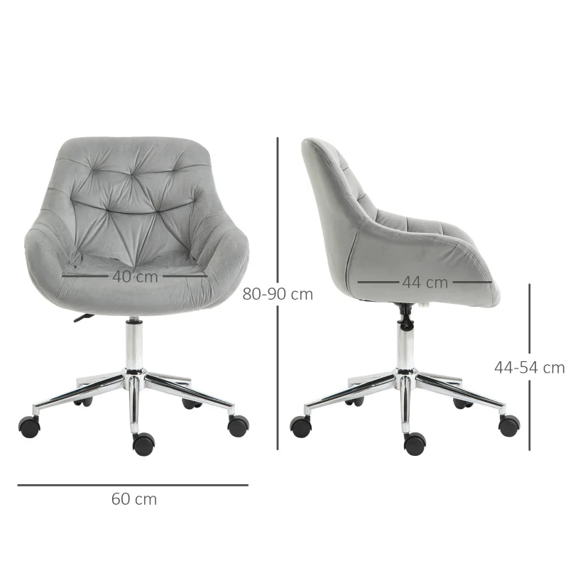 Vinsetto Ergonomic Velvet Home Office Chair - Adjustable Height, Arm & Back Support, Comfy Grey Desk Chair