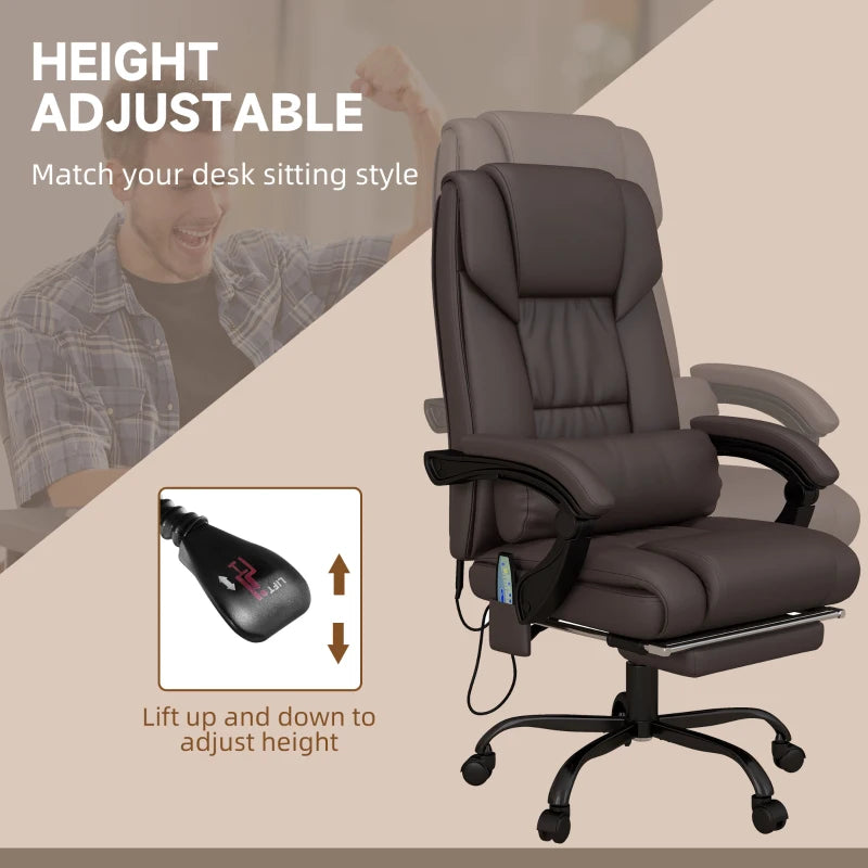 Vinsetto 6-Point Massage Office Chair - Adjustable PU Leather Desk Chair with Footrest for Home Office, Brown