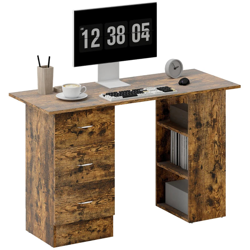 Rustic Brown Computer Desk with 3 Storage Shelves & Drawers, Stylish Writing Table for Home Office, Silver Handle PC Workstation