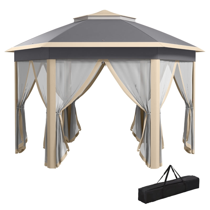 Hexagon Outdoor Patio Gazebo with Netting, Khaki, 3x4m