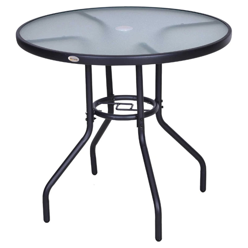 Round Glass Top Steel Frame Outdoor Dining Table - Black