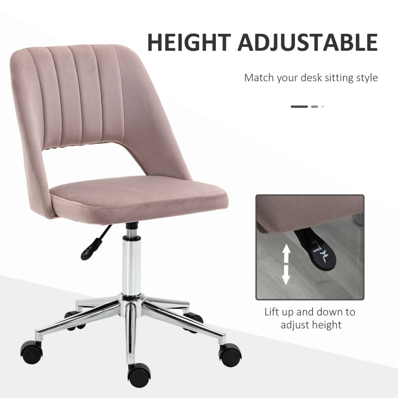Vinsetto Pink Velvet-Feel Armless Office Chair - Stylish Ergonomic Design for Home & Office - Comfortable Seating Solution