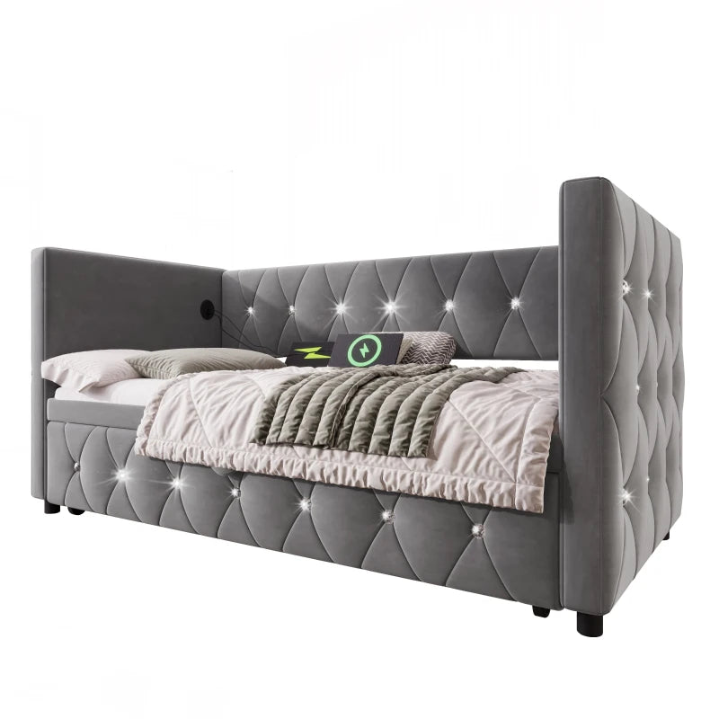 Elegant Velvet Upholstered Daybed with USB & Type C Ports, Pull-Out Trundle, Grey Sofa Bed for Bedroom, 203x101-194x76 cm
