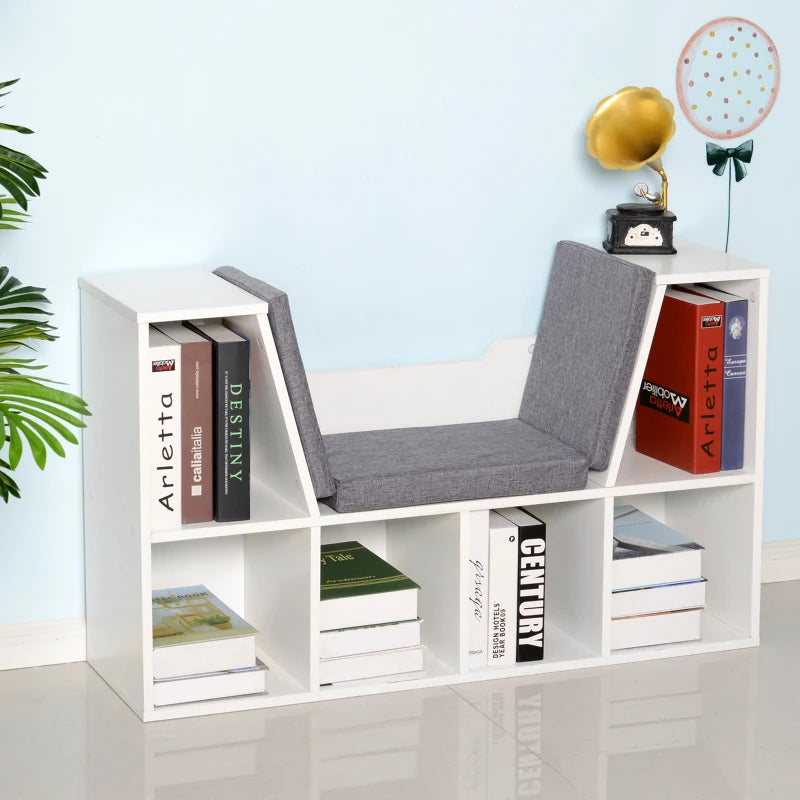 Stylish White Bookcase Storage Shelf with Cushioned Reading Seat - Cube Bookshelf Organizer for Bedroom & Living Room