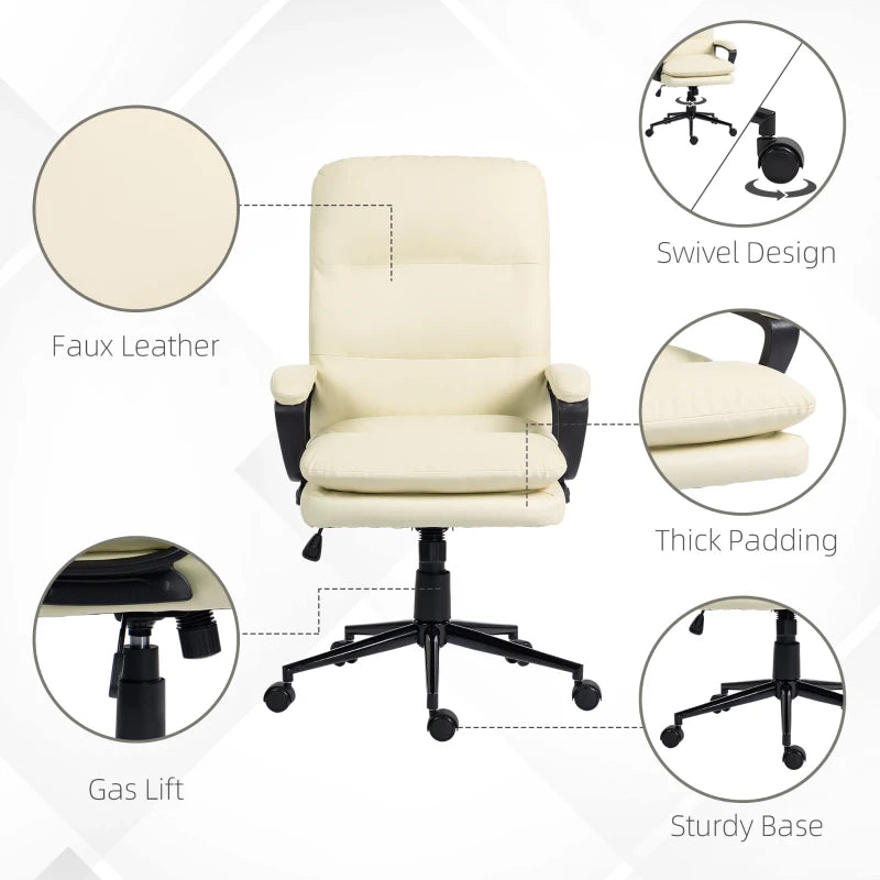 Vinsetto Cream White PU Leather Office Chair - Adjustable Height, Swivel Rolling Wheels for Home & Study