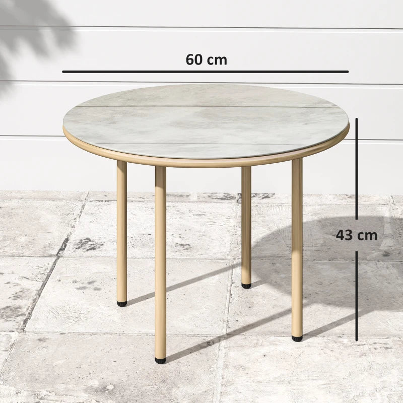 60cm Round Small Garden Table - Outdoor Side Table with Faux Marble Top, Steel Frame, Beige