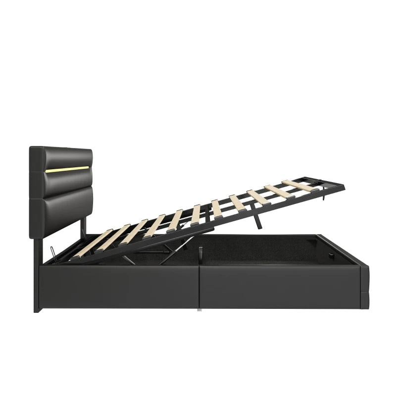 King Upholstered Bed Frame with Hydraulic Storage & LED Lighting, USB & Type-C Ports, 210x160x110 cm, Black